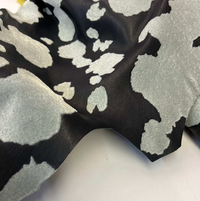 Cow Print - Flocking Texture, Grey on Black Lambskin Leather