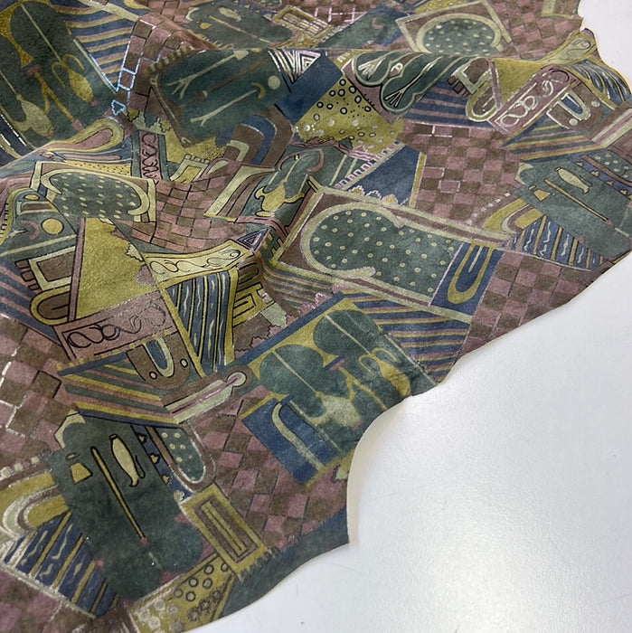 Dark Green Tones Wine Geometric Print Pigskin Suede