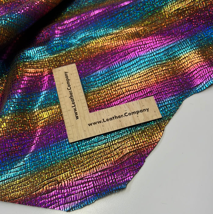 Metallic Pink Turquoise Gold Printed Tiny Gator Look on Brown Deerskin leather