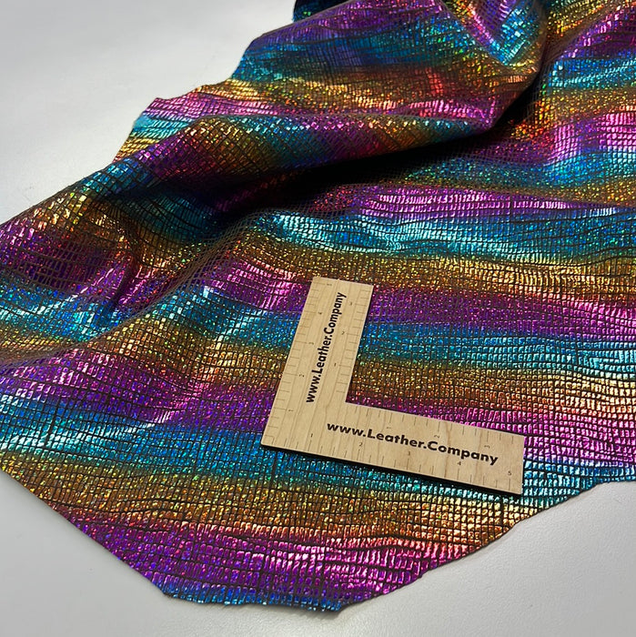 Metallic Pink Turquoise Gold Printed Tiny Gator Look on Brown Deerskin leather