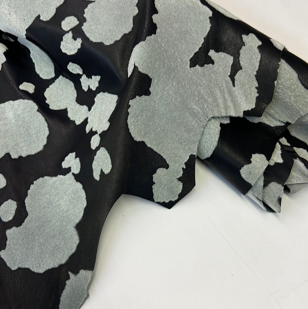 Cow Print - Flocking Texture, Grey on Black Lambskin Leather